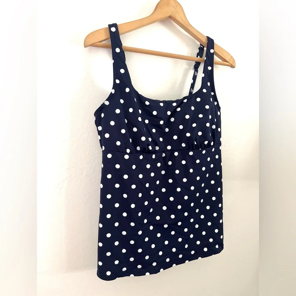 Lands End Tankini Swimsuit Top Navy and White Polka Women Size 14 w/ Underwire